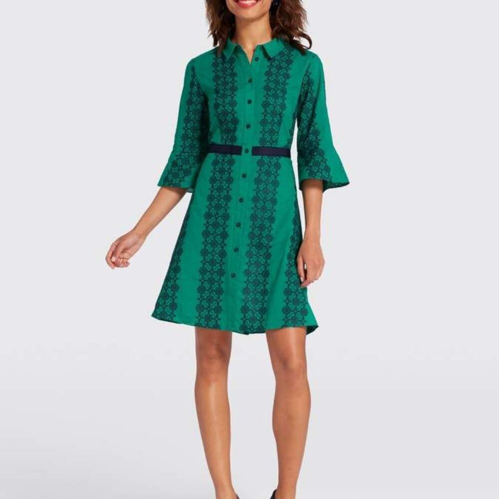 Draper James Honeycomb Embroidered Shirt Dress Size 6 Teal Green Pockets Career